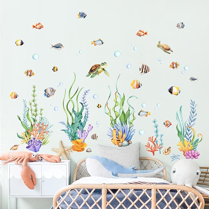 Supzone Under The Sea Wall Decals, Seaweed Grass Ocean Fish Sea Turtle Underwater Wall Stickers Vinyl Decor for Baby Boys Kids Nursery Bedroom Bathroom Classroom Playroom