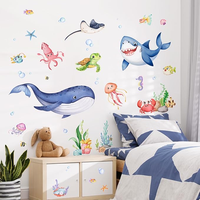 Supzone Under The Sea Wall Decals Ocean Whale Shark Turtle Seaweed Wall Stickers for Kids Toddlers Bedroom Living Room Baby Nursery Wall Decor
