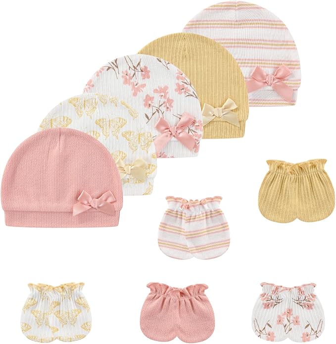Baby Hat and Mittens Set Cotton Newborn Baby Hats Caps for Boys and Girls, 0-6 Months
