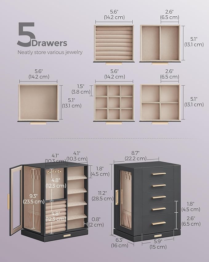 SONGMICS Jewelry Box 360° Rotating, Jewelry Storage Case with 5 Drawers, Jewelry Organizer, Glass Window, Spacious, Vertical Jewelry Storage, Open Design, Great Gift, Slate Gray UJBC170G01