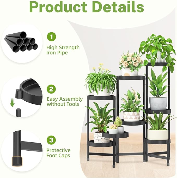 iDavosic.ly 8 Tier Folding Plant Stand Indoor Outdoor with Plastic Tray, Tiered Corner Flower Holder Shelf, Metal Orchid Display Rack for Patio Porch Living Room Garden Balcony, Modern Black