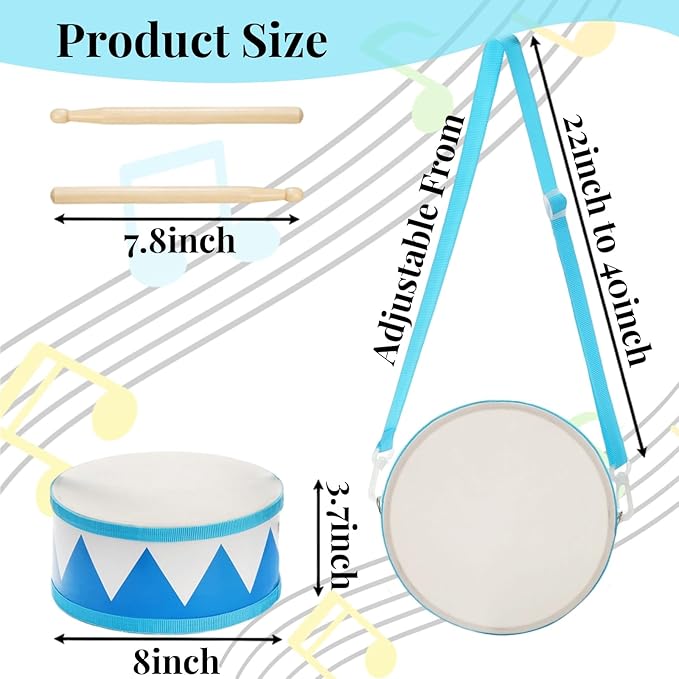 Kids Drum Set, 8 Inch Wooden Drum Toys with an Adjustable Strap, 2 Drumsticks, Educational Musical Sensory Percussion Musical Instrument Toy for Toddlers Kids Baby