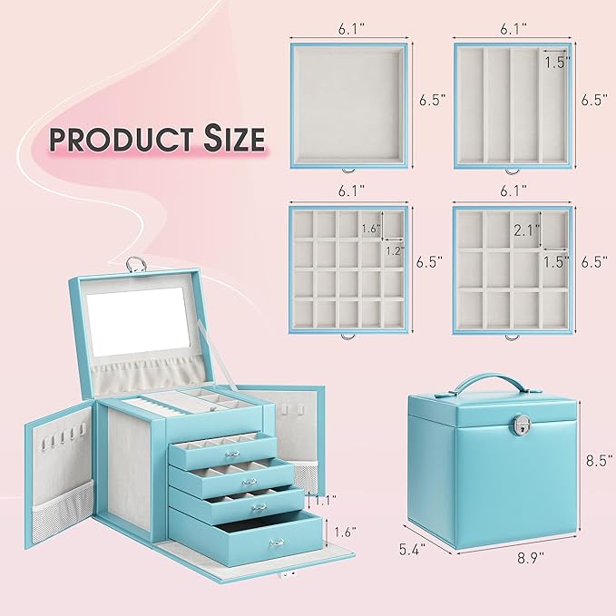 5-Layer Jewelry Box with 4 Drawers, Huge Portable Jewelry Organizer with Lock and Mirror for Women, for Necklace Ring Earring Bracelet Storage, Lockable Jewelry Case, Blue