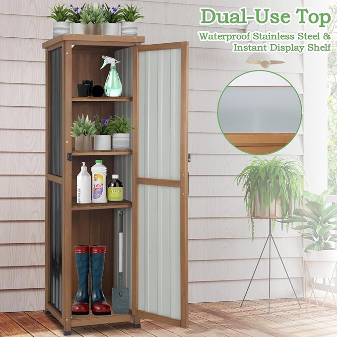 62" H Tall Narrow Outdoor Storage Cabinet with Metal Top, Outdoor Shed Storage Unit Waterproof with Adjustable Shelves for Garden, Patio, Living Room, or Entryway Storage, Black