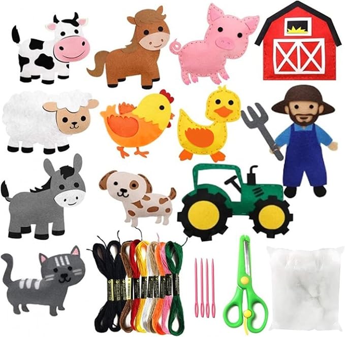 FYXGZZH Kids Beginner Sewing Kit – DIY Stuffed Craft Set with Pre-Cut Felt, Plastic Needle & Embroidery Thread, Educational Arts & Crafts for Boys & Girls Ages 6-12, Farm