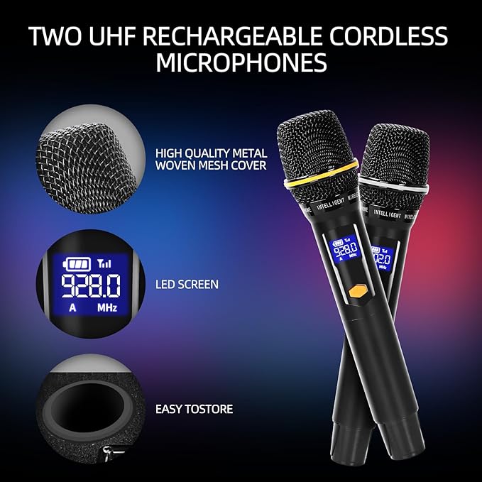 Karaoke Machine with Lyrics Display Screen for Adults, Built-in 15 Inches Tablet, Bluetooth Speaker with 2 Wireless Mics, 1000W Peak Power, DJ Lights, Portable Karaoke System for Any Occasion