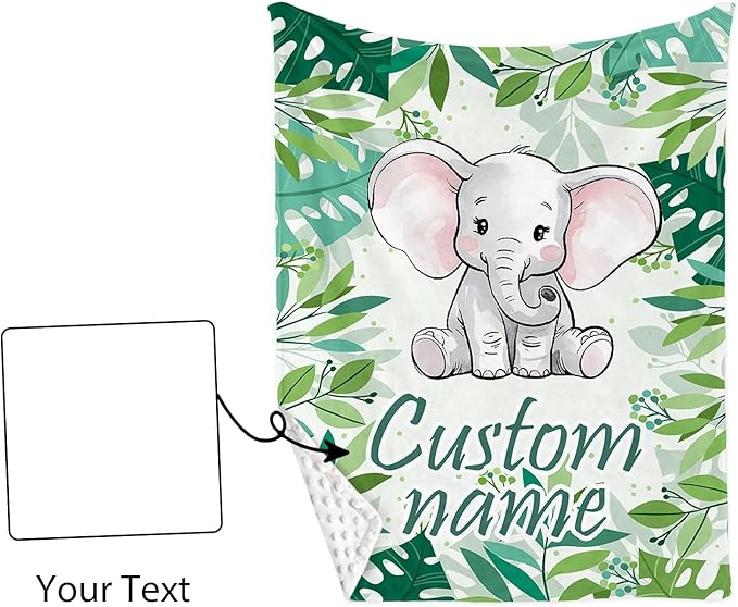 Personalized Baby Crib Bedding Set, Green Elephant Design Custom Name Baby Crib Sets 5-Pcs, Toddler Double Layer Blanket Fitted Sheets Changing Pad Cover Rug Wall Art Set, Charming Nursery Decor