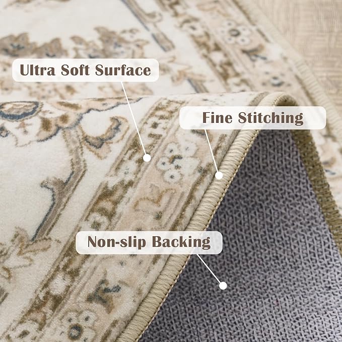 jinchan Round Rug 5ft Area Rug - Indoor Vintage Hallway Circle 5' Washable - Ultra-Thin Low Pile Soft Small Non Slip Distressed Floral Print for Living Room Dining Room Bedroom Entryway Taupe