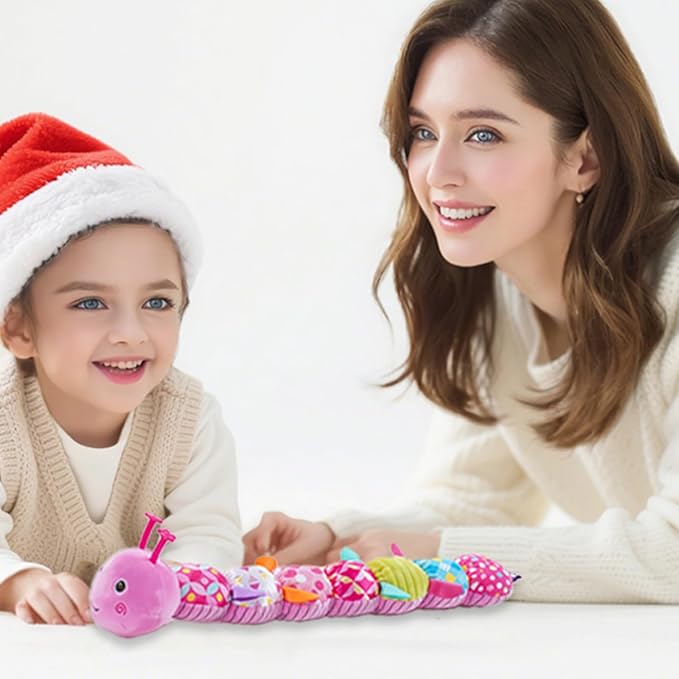 Baby Sensory Toys 0-12 Months, Plush Toys with Music and Rattle, Suitable for Newborn Baby Tummy time, can be Used as a Newborn Birthday, Holiday, Baptism Gift (Pink Caterpillar)