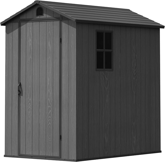 Greesum 4×6FT Plastic Outdoor Storage Shed with Floor, Resin Storaged Sheds with Lockable Door, Window & Vent, All-Weather Tool Sheds for Garden, Backyard, Patio, Dark Gray (One-Piece Panel)