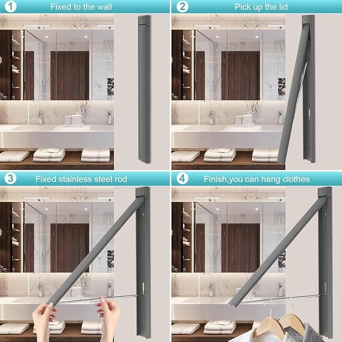 Wall Mounted Drying Rack - No Drill Installation, Space Saving Foldable Clothes Rack for Laundry Room, Dorm, Apartment,RV, Closet. Heavy Duty & Rustproof Aluminum Alloy (Gray)