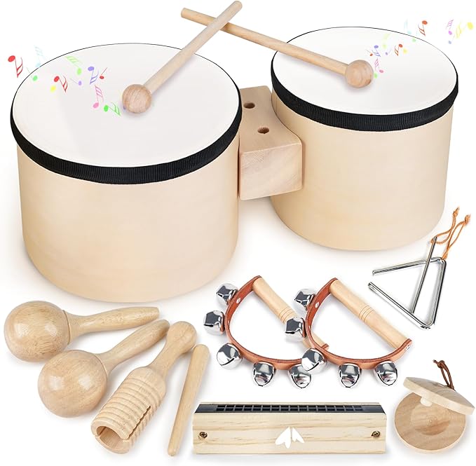 Vanplay Kids Drum Set - Toys for 2 3 Year Old Boy Gifts, Musical Instruments for Toddler 2-4, Birthday Gifts for 3 4 Year Old Girls, Wooden Montessori with Bongo Drum for Kids Age 2 3 4 5 6