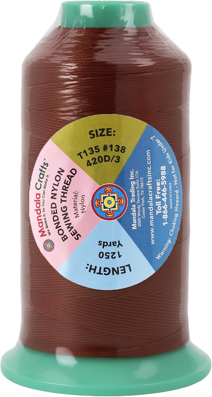 Mandala Crafts Size 138 420D T135 Bonded Nylon Thread Copper Brown Heavy Duty Sewing Threads - 1250 YDs Tex 135 Thread for Leather, Jeans, Weaving, Outdoor Marine Upholstery Threads