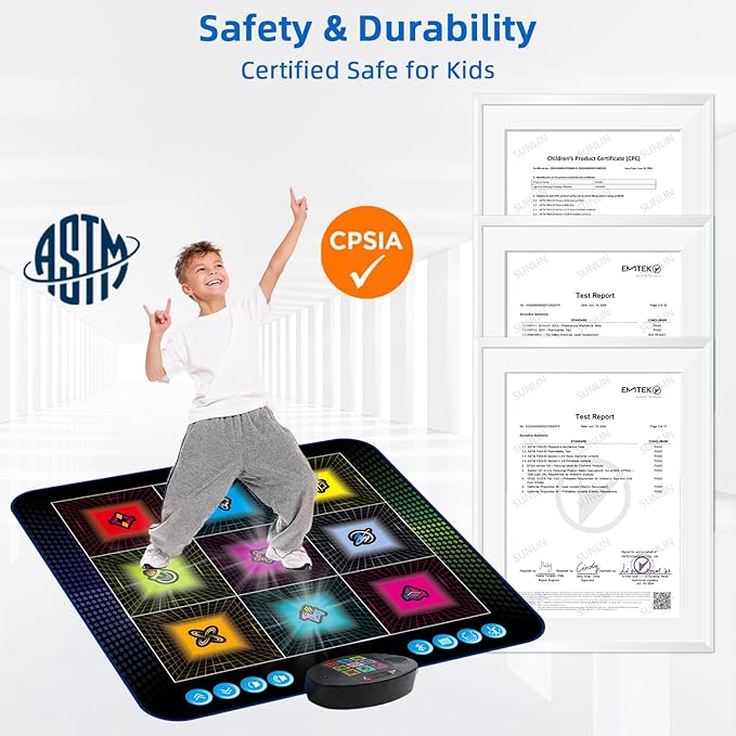 SUNLIN Light Up Dance Mat, Toy Gift for Girls Boys 3-10, Wireless Dance Pad w/ 9 Light-Up Buttons & Bluetooth, Music Pad w/ 4 Game Modes, Volume Control, Birthday Gifts for 3 4 5 6 7 8 Years Old Kids