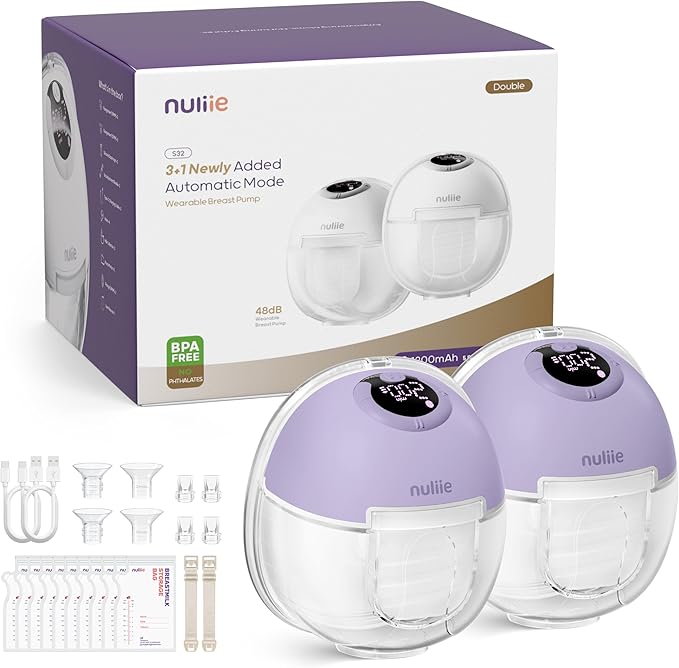 Nuliie Hands-Free Breast Pump, Wearable Breastfeeding Pump 4 Modes 9 Levels with 18/21/24MM Flange, Electric Breast Pump Portable, Replaced Pumping Accessories Included (2 Packs, Purple)