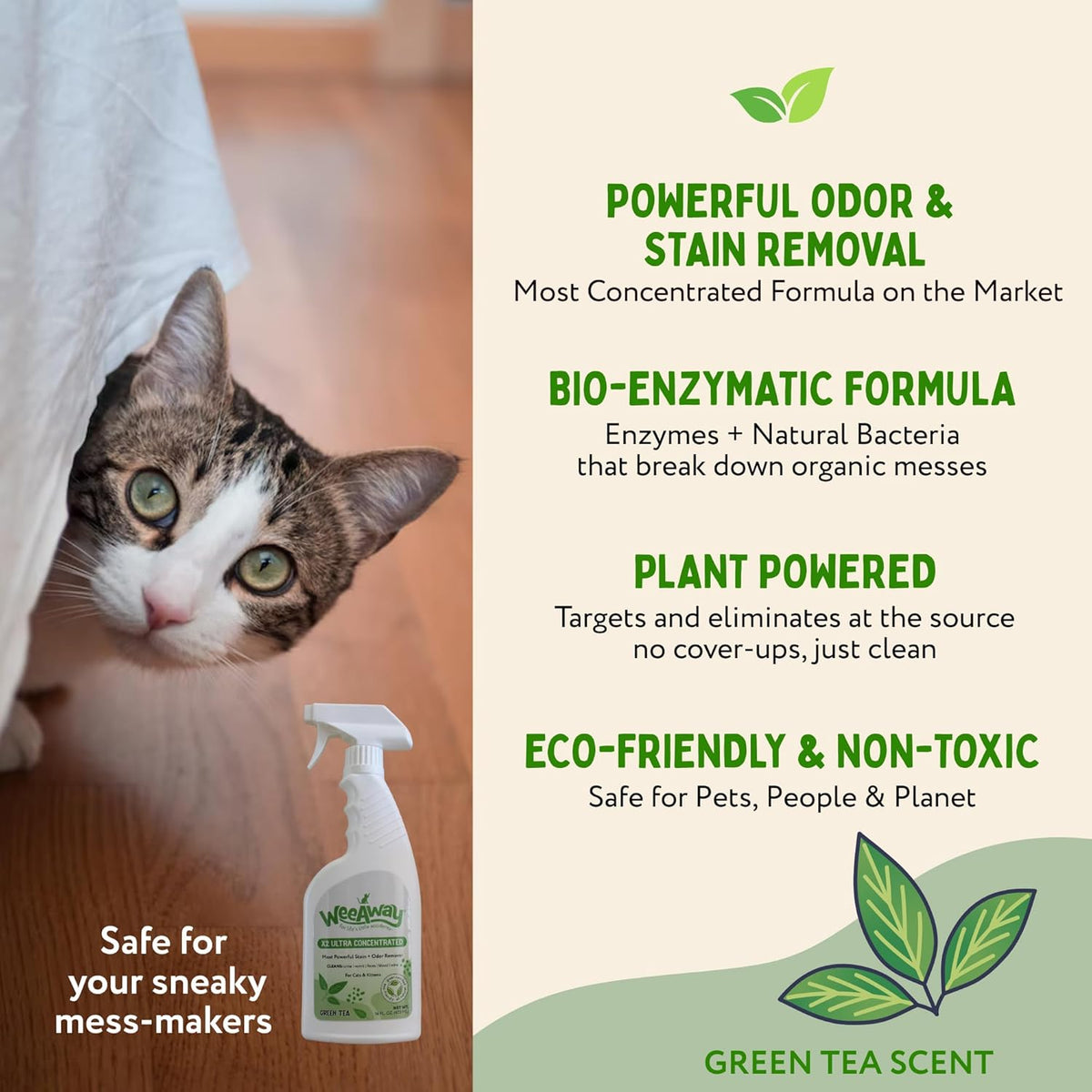Wee Away X2 Ultra Concentrated Pet Stain and Odor Remover, Enzyme Cleaner for Cat Urine and Poop Carpet & Furniture Safe, Pet Urine Odor Eliminator Spray (Green Tea 16 oz)