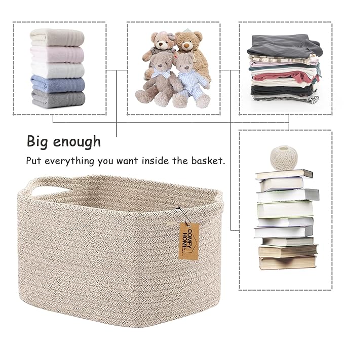 COMFY-HOMI 3PACK Cotton Rope Woven Basket With Handles for Shelves, Toy, Book, Cloth Storage Basket for Organizing|13.5" x 11" x 9.5" Decorative Nursery Cube Bin for Living Room（all brown）