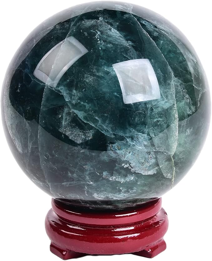 JIC Gem Big Green Fluorite Crystal Ball Sphere Decorative Ball with Wooden Stand for Meditation、Fengshui、Home Decors Healing Crystal Ball (90-100mm)
