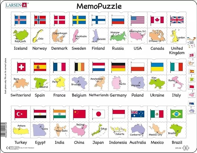 Larsen Puzzles Country Flags and Capitals 54 Piece Children's Educational Jigsaw Puzzle