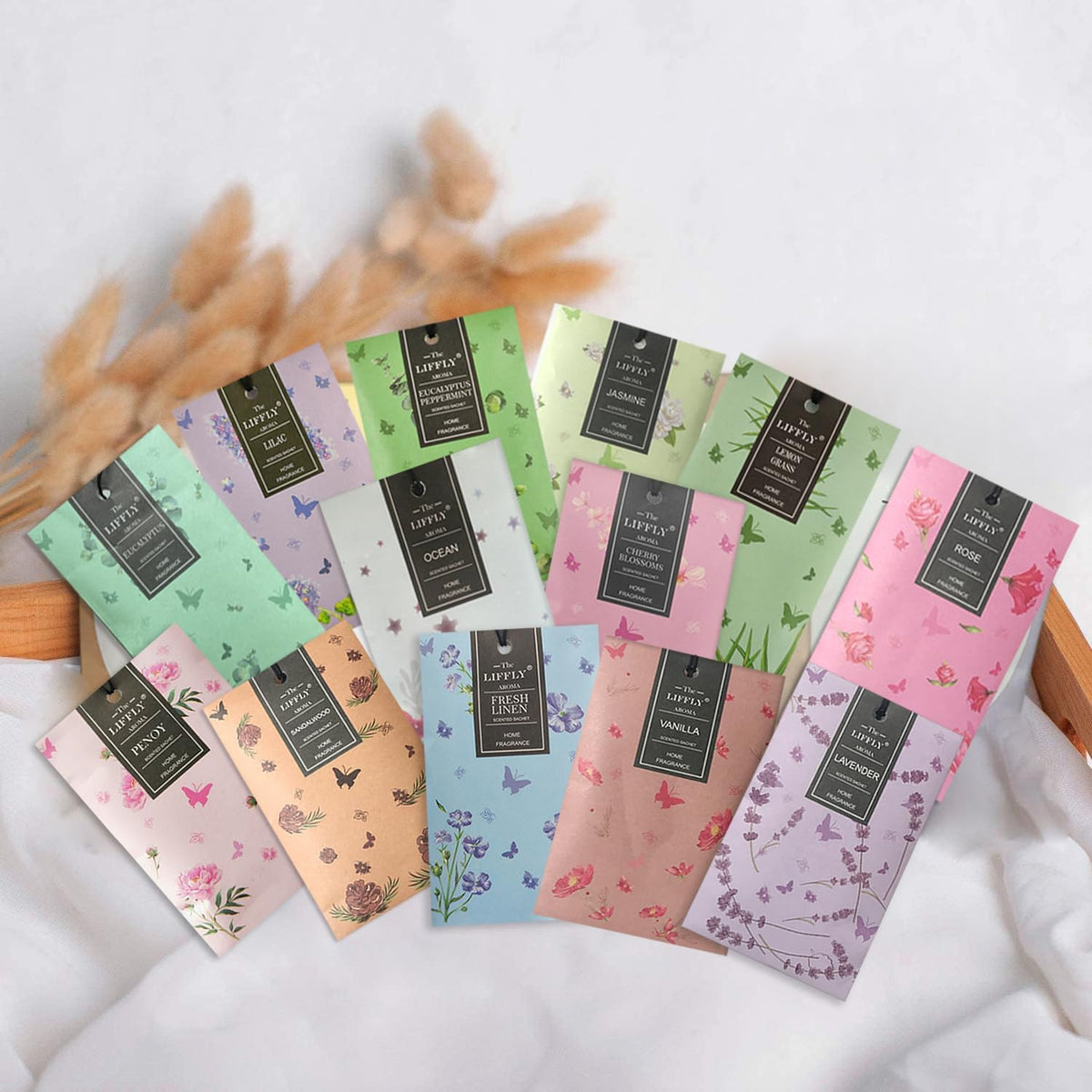 13 Scents Scented Sachets for Drawers and Closets 14 Packs Lavender Rose Jasmine Ocean Vanilla Sandalwood Fresh Linen Cherry Blossoms Lilac Eucalyptus Peppermint Lemongrass Peony Gift Box