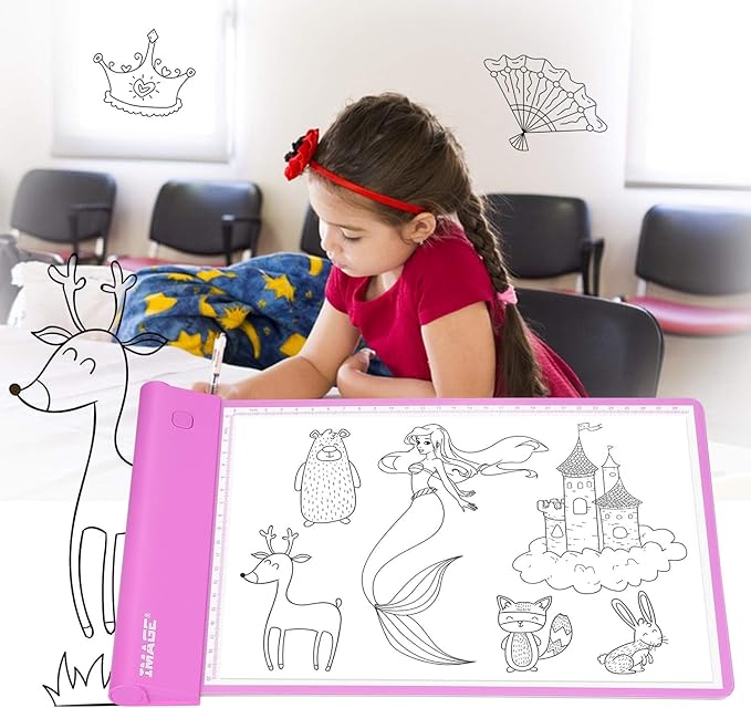 IMAGE Light Up Tracing Pad Pink Drawing Tablet Coloring Board for Kids Children to for Girls Boy (Includes 10 Traceable Sheets and Two Clips)