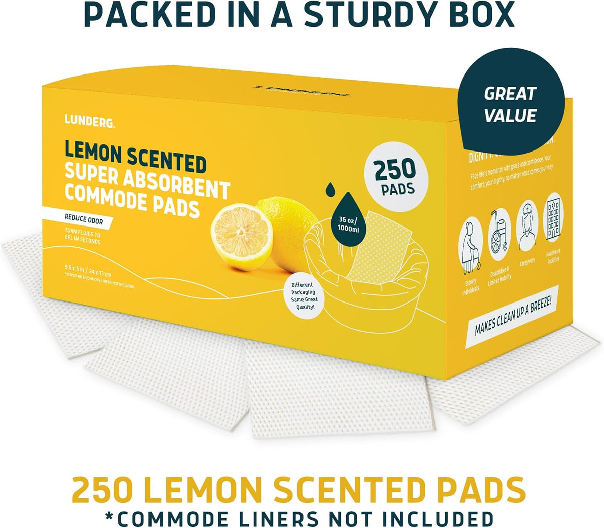 Lunderg Lemon Scented Super Absorbent Commode Pads - Medical Grade Value Pack 250 Count - for Disposable Bedside Commode Liners, Adult Chairs, Portable Buckets & Camping Toilet Bags - Light Scent