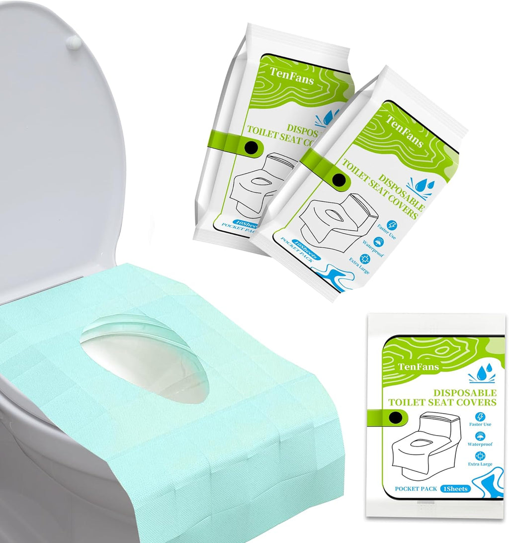 TenFans Toilet Seat Covers Disposable - 20 Count Individually Travel Pack - Sticker Free Faster Use - Waterproof XL Covers for Adults and Kids - Travel Accessories Public Restrooms, Camping, Airplane