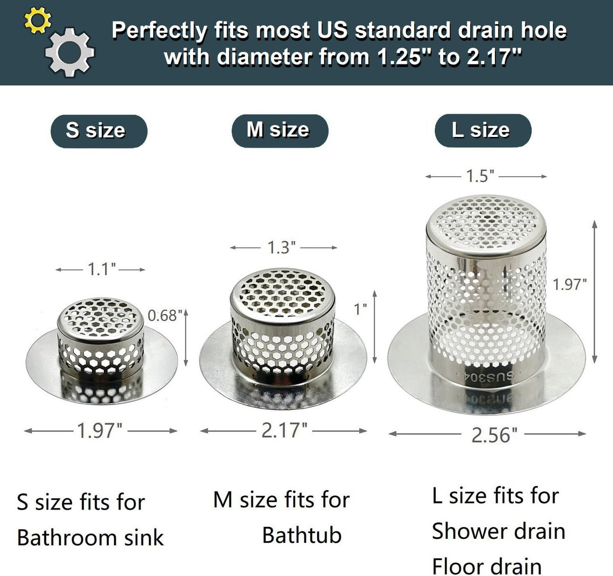 Bathroom Drain Strainers (Set of 3 Sizes), Hair Catcher for Bathroom Sink Bathtub Shower Floor Drain, Stainless Steel Filter Trap Fit Drain Hole from 1.2” to 2.17”
