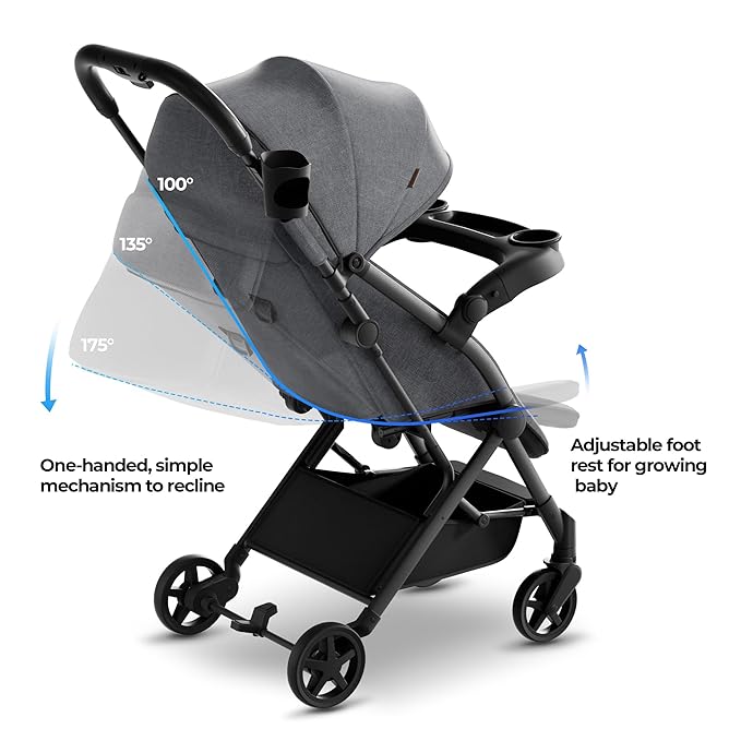 Mompush Lithe V2 Lightweight Travel Stroller, Compact Foldable Baby Stroller with Travel Bag, One-Hand Fold Stroller, Snack Tray, Mechanical Recline Seat, Airplane-Ready, Organizer & Rain Cover