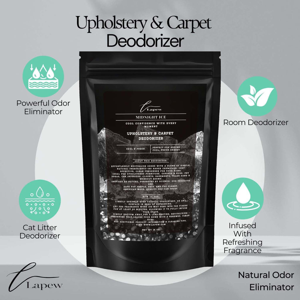 Midnight Ice Carpet Freshener Powder 16 oz | Powerful Odor Eliminator for Home | Upholstery Deodorizer | Carpet Deodorizer | Pet Urine | Cat Litter Box | Black Ice Fragrance.