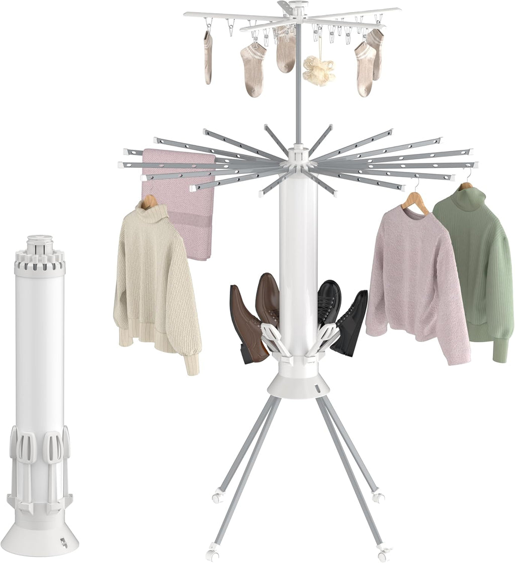 Clothes Drying Rack, 4-Legged Portable Drying Rack Clothing with 20 Clips, Shoe Dryer Rack, Outdoor Foldable Laundry Drying Racks with 4 Pulleys, Aluminum Hanging Dry Rack