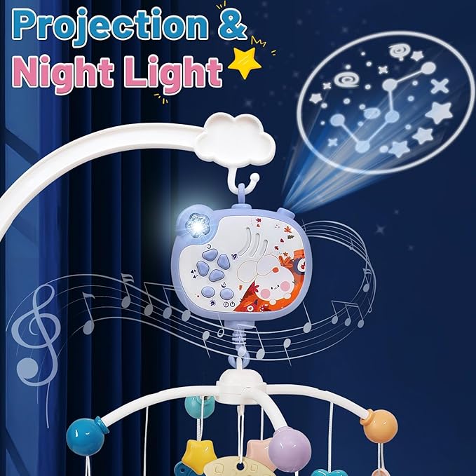 Baby Mobiles for Cribs, Crib Mobile with Music and Lights, Nursery Musical Mobile for Bassinets Hanging Toys with Remote Control, Rotation, Projection, Animal Mobile Arm Clip On for Infant Boys Girls