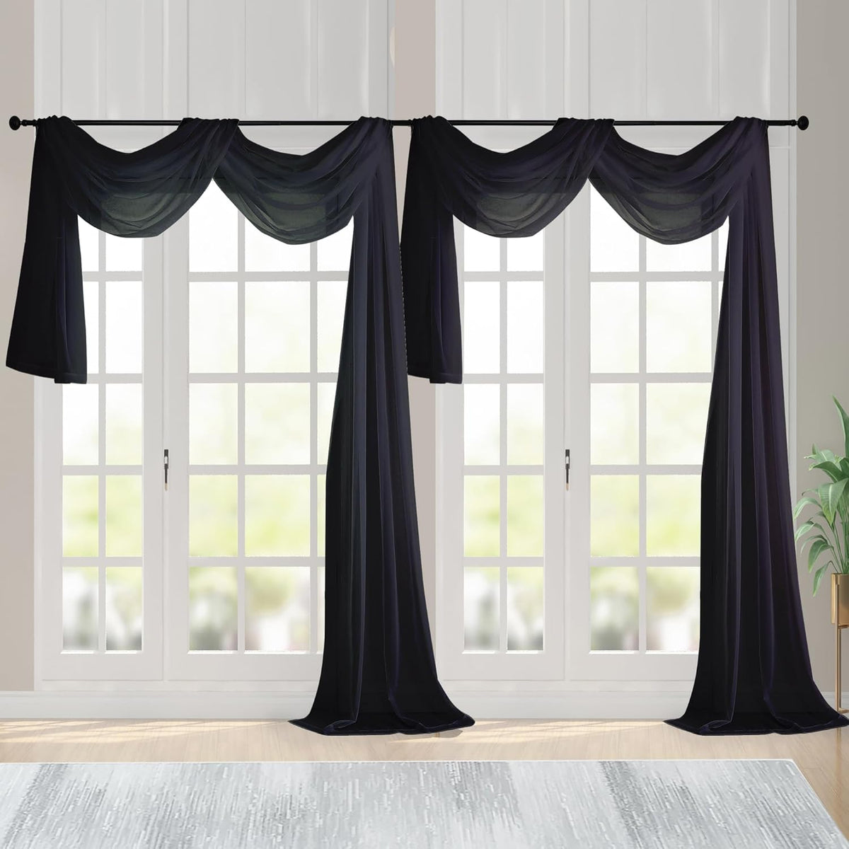 Chyhomenyc Extra Long Black Sheer Curtains 144 inch 2 Panels, Translucent Backdrop Window Scarf Drapes for Canopy Bed/Wedding/Living Room/Anniversary, 12FT Length, Each 59Wx144L in, 2PCS