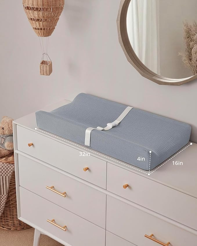 Blissful Diary Muslin Baby Changing Pad with Waterproof Lining Foam, Diaper Changing Table Pad with Cover for Dressers (Gray, Rectangular)