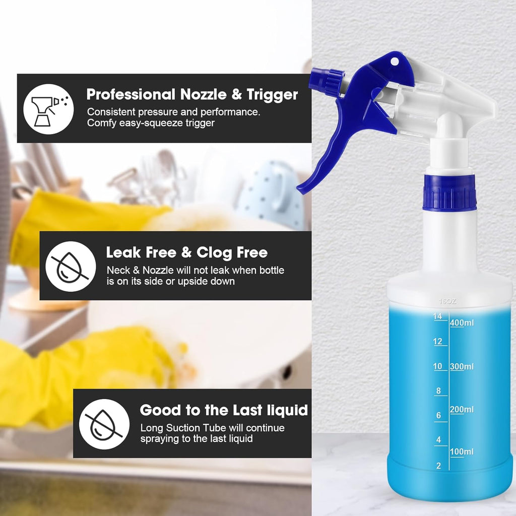 Eccliy 12 Pcs 16 Oz Plastic Spray Bottle, Adjustable Empty Reusable Sprayer for Cleaning, Planting, Water, Bathroom and Kitchen, BBQ, Commercial and Residential (Blue,Measurements)