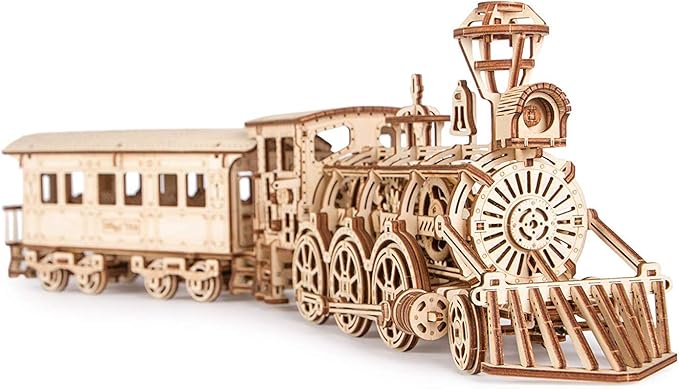 Wood Trick Wooden Toy Train Set with Railway - 34x7″ - Locomotive Train Toy Mechanical Model Kit - 3D Wooden Puzzles for Adults and Kids to Build - Engineering DIY Models for Adults to Build