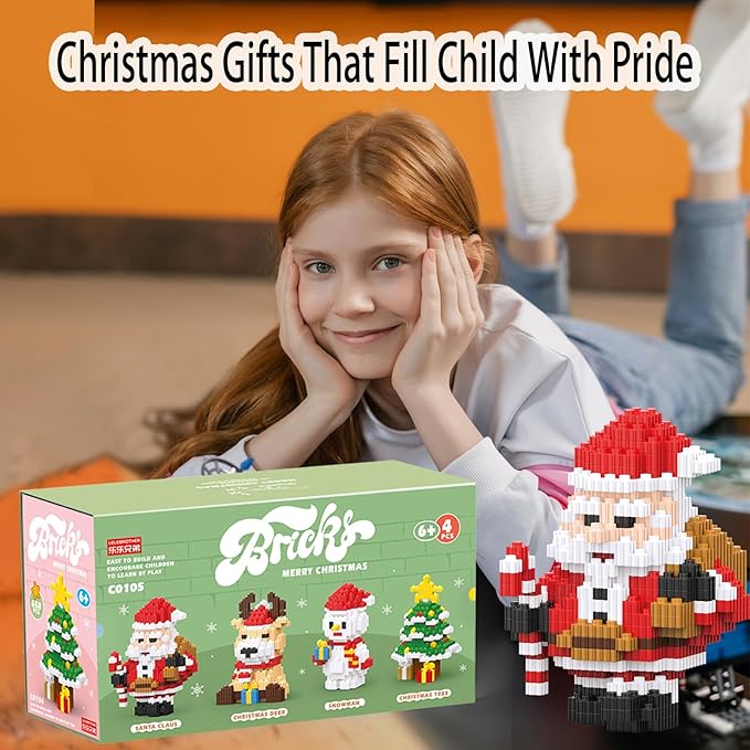 Christmas Building Blocks Sets 4 in 1 Compatible for Lego Christmas Micro Blocks Stacking New Toys Holiday Present Box New Year Birthday Gifts for Kids 6-12 Years Old (4 in 1)