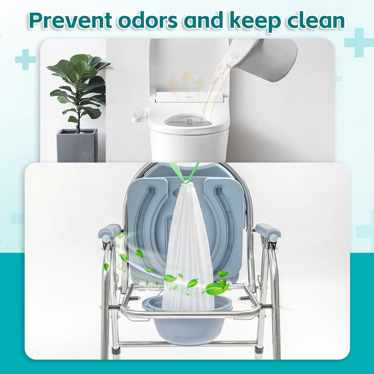 60 Pack Commode Liners with Super Absorbent Pads, Disposable Leakproof Bedside Commode Bags, Universal Fit for Standard Toilet Chair Buckets(60 Bags+60 Pads) (60PACK)