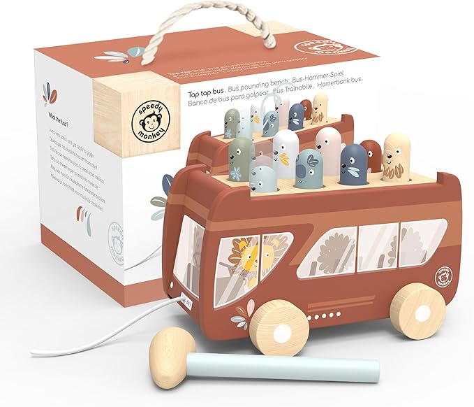 Speedy Monkey Bus Pounding Bench, Pull-Along Bus with Hammering Activity, 8 Wooden Characters, Enhances Hand-Eye Coordination, Safe Design, Non-Toxic Paint, Educational Toy for Kids 2-5 Years