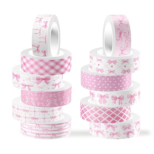12 Rolls Pink Bow Washi Tape, Bowknot Plaid Adhesive Masking Tapes Decorative Pink Coquette Paper Tape for Scrapbook Journal Planners DIY Art Crafts Gift Wrapping 16.4FT