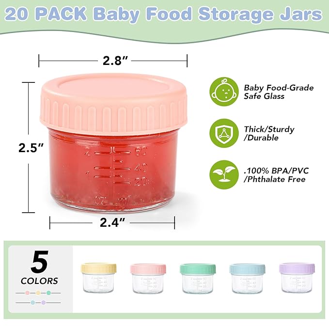 20 Pack Glass Baby Food Storage Containers, 4 oz Leakproof Baby Food Jars with Lids, Small Glass Food Containers for Infant Baby, Freezer & Microwave Safe, BPA Free