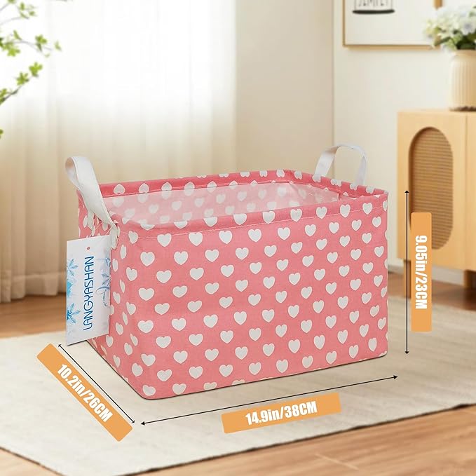 LANGYASHAN Rectangular Storage Bin Collapse Canvas Fabric Cartoon Storage Basket with Handles for Organizing Home Kitchen Boys and Girls Toys Office Closet Shelf Baskets (Rec pink heart)