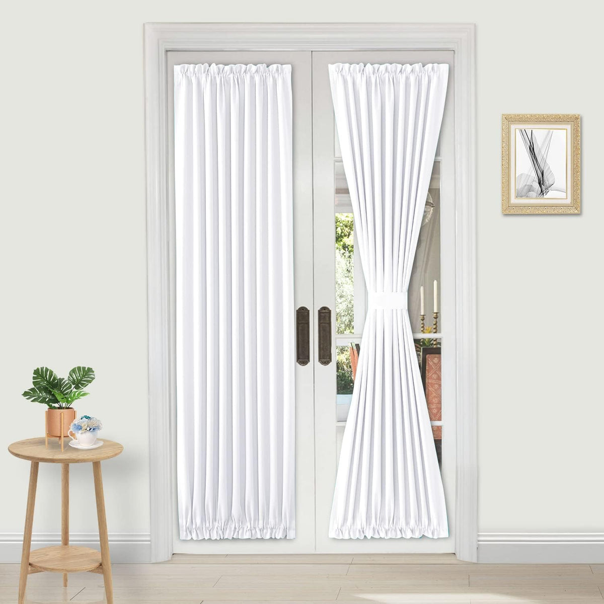DWCN French Door Curtains – Rod Pocket Thermal Curtain for Doors with Glass Window, Kitchen and Patio Doors for Privacy, 25 X 72 Inches Long, 1 Curtain Panel with Tieback, Pure White