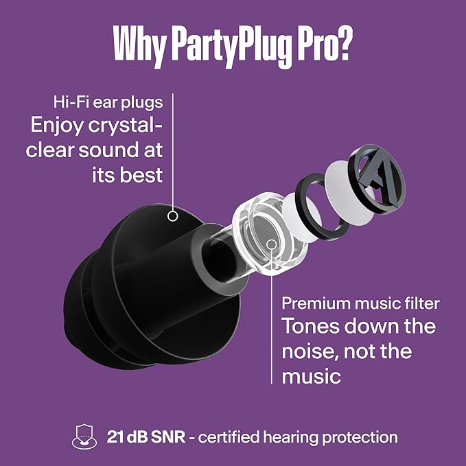 Alpine PartyPlug Pro Concert Ear Plugs, High Fidelity Professional Musician Earplugs with 21dB Noise Reduction, Hearing Protection for Music Festivals, Raves & Live Events, Incl. 3 Tip Sizes, Black