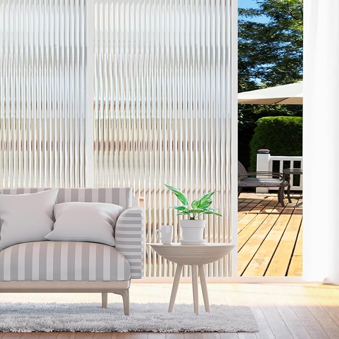 Beautyhero Window Privacy Film, Frosted Reeded Glass Cling, 3D Decorative Coverings with UV Blocking, Adhesive Stickers for Bathroom Doors Cabinet