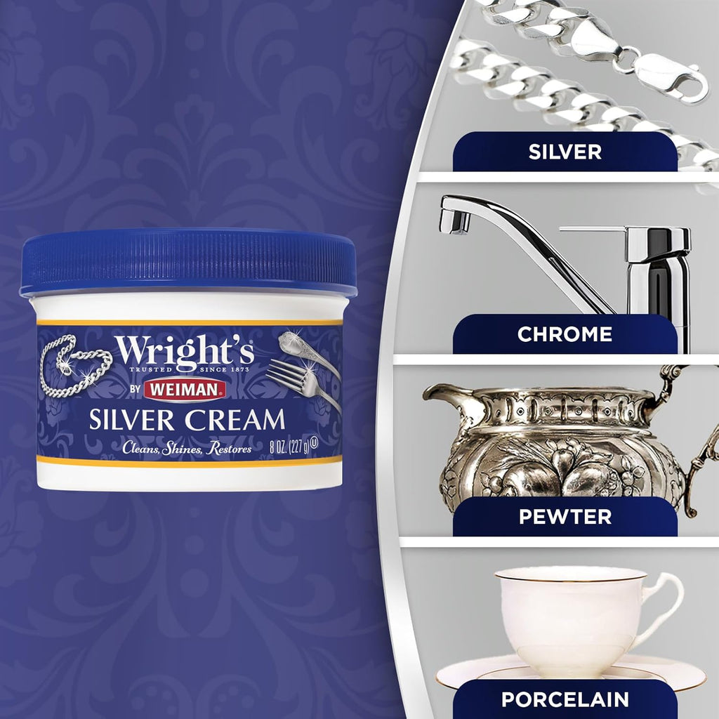 Wright's by Weiman Silver Cleaner and Polish Cream with Polishing Cloth, Ammonia-Free, Gently Clean & Remove Tarnish without Scratching