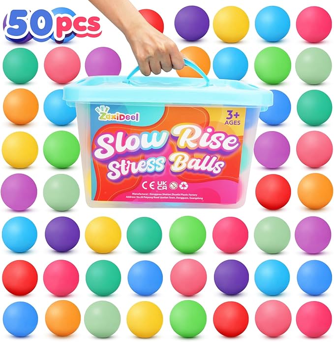 Slow Rising Stress Ball 50 Pack: Mini Squishy Ball for Kids Anxiety Relief, Hand Therapy Sensory Toy, Pull Stretch Fidget Toy, Prize Box Toys for Classroom, Bulk Toy for Teacher, Offices & Group