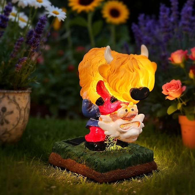 Garden Gnome Statue Highland Cow Gift,Yard Patio Balcony Outdoor Decor Solar Light Figurine, Christmas, Housewarming Gift,Idea Gift for Mom, Neighbor,Gnome Lover