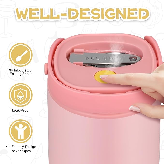 2 - in - 1 Soup Thermo for Hot Food 14oz with Snack Box Container Leak Proof Insulated Lunch Container Kids and Adults Stainless Steel Double Wall Vacuum Wide-mouth Thermal with Spoon and Handle