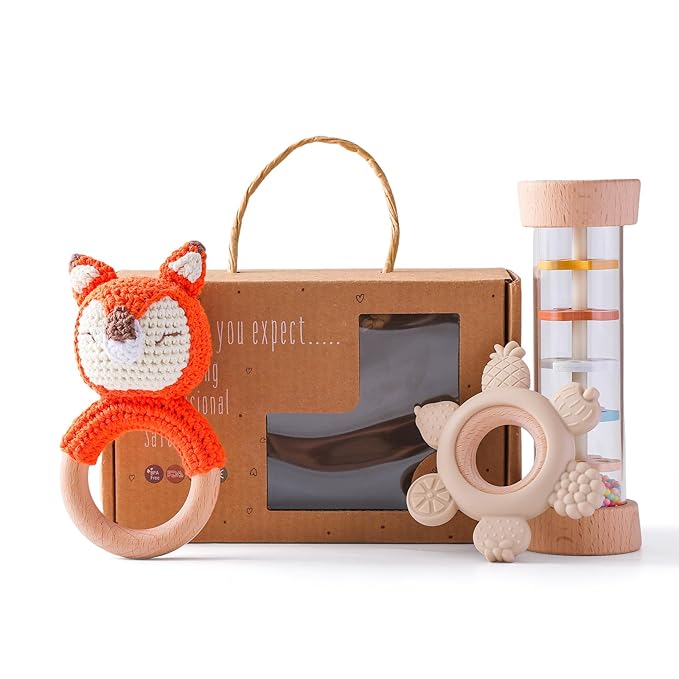 Youuys Wooden Baby Rattle Set (3pcs) - Crochet Rattle Rain Stick Teething Toys, Wooden Montessori Toy for Newborn Infant Baby Rattles Set Toys 3-6 Months (Fox)